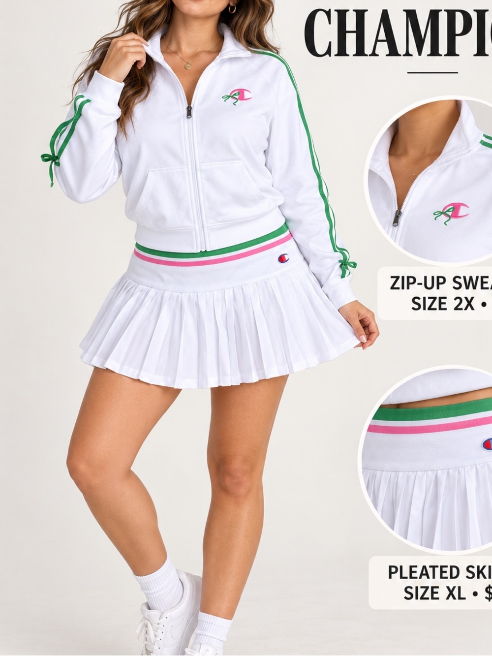 Champion White Pleated Skater Skirt with Pink & Green Waistband
